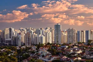 Captivating skyline of Londrina, Brazil with skyscrapers under a vibrant sunset sky. jigsaw puzzle