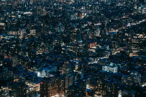 Aerial view of contemporary city with multistory residential buildings and roads and luminous lights at night jigsaw puzzle