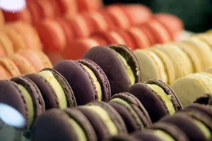 Close-up view of colorful French macarons lined up in a bakery display. jigsaw puzzle
