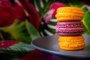Stack of vibrant French macarons on a plate with a tropical backdrop. jigsaw puzzle