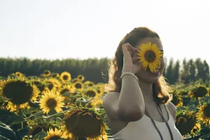 A woman playfully holds a sunflower to her face in a sunny field, capturing summer joy. jigsaw puzzle