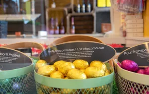 Decorative display of assorted Belgian chocolate eggs in a confectionary shop. jigsaw puzzle
